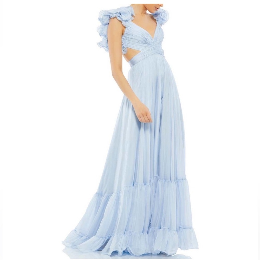 Mac Duggal Powder Blue Rosette Chiffon Cutout Empire Waist Gown Size 4